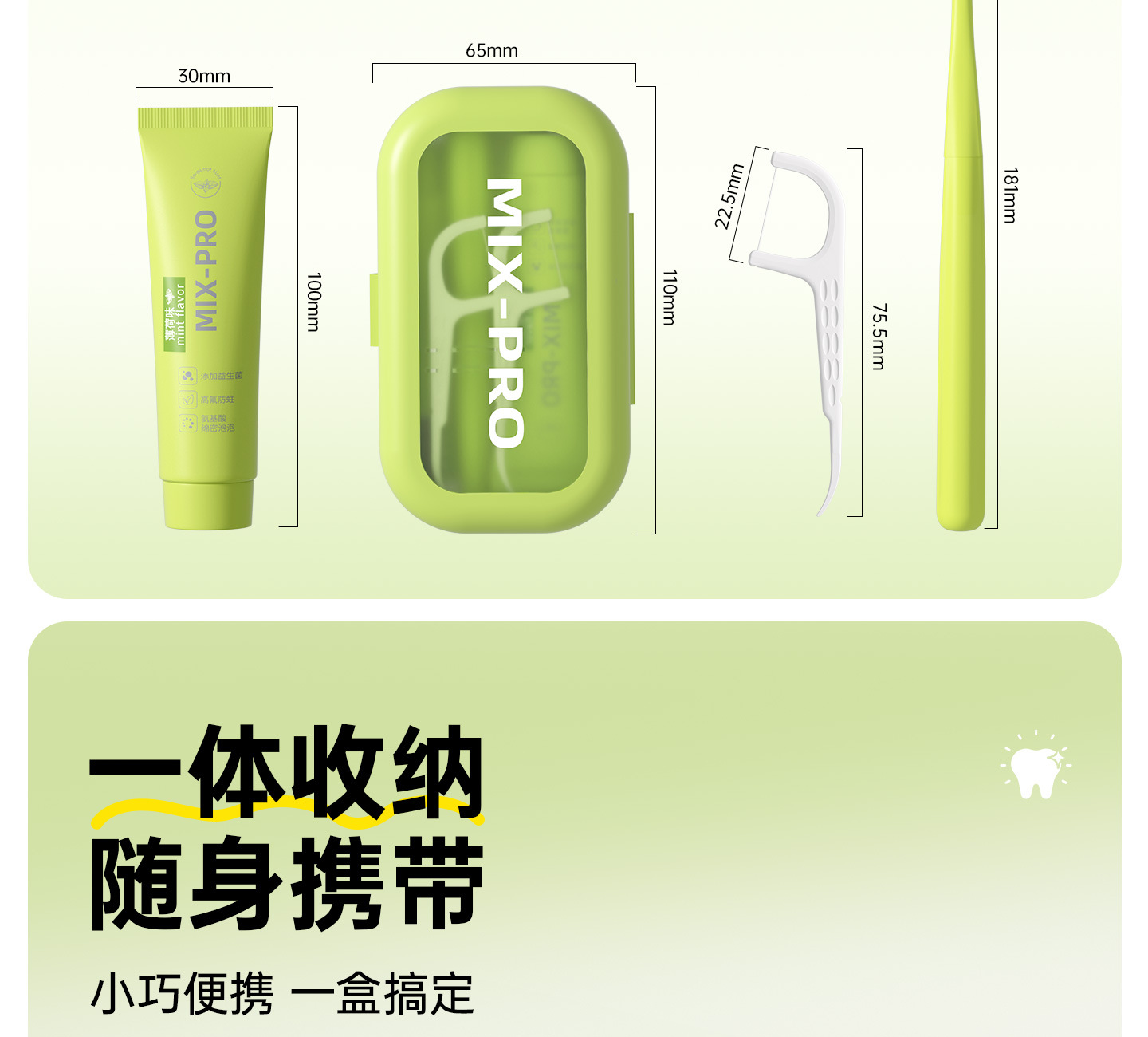 Portable dental care travel set toothbrush toothpaste floss