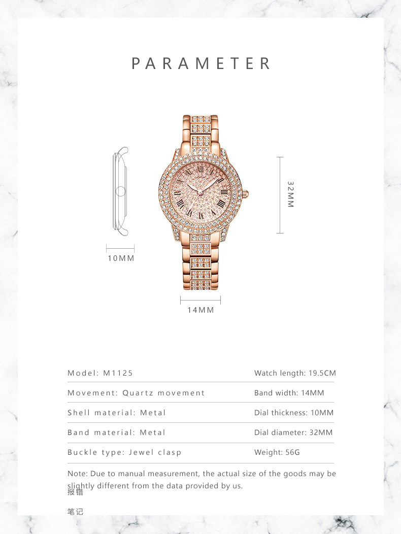 Women's diamond-studded quartz watch with Roman numerals and bracelet design