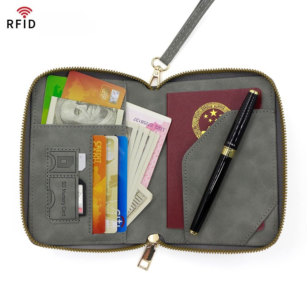 RFID korumalı pasaport cüzdanı, fermuar kapanış, büyük kapasite