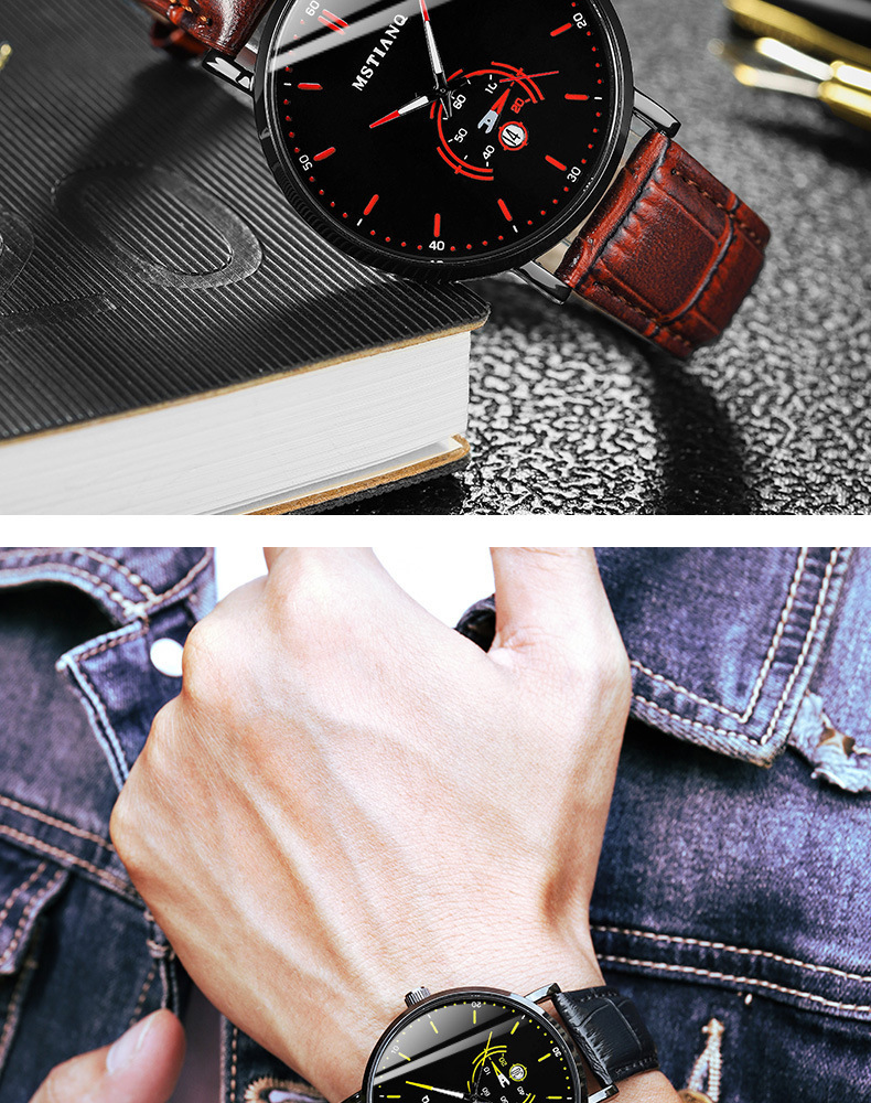 Black technology leather strap men's watch, Korean style, ultra-thin design