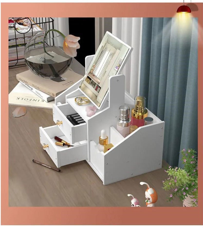 Desktop makeup mirror with cosmetics storage box and drawers