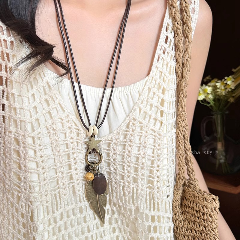 Zen feather necklace, retro bohemian, long collarbone chain