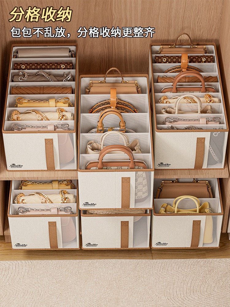 Handbag storage box with lid, wardrobe organizer, compartmentalized, large capacity