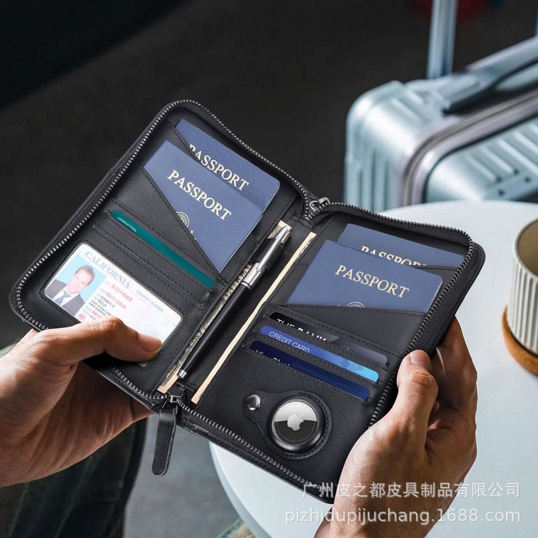 Passport wallet, multifunctional, cowhide, zipper