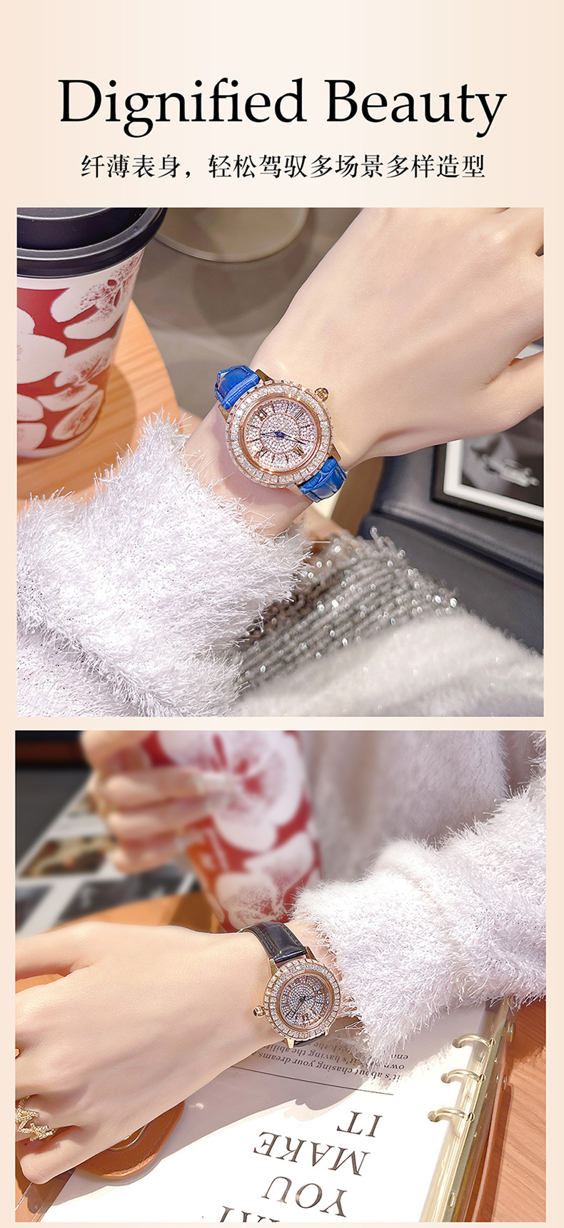 Damenquarzuhr mit Lederarmband, Kristalldetails, wasserdicht