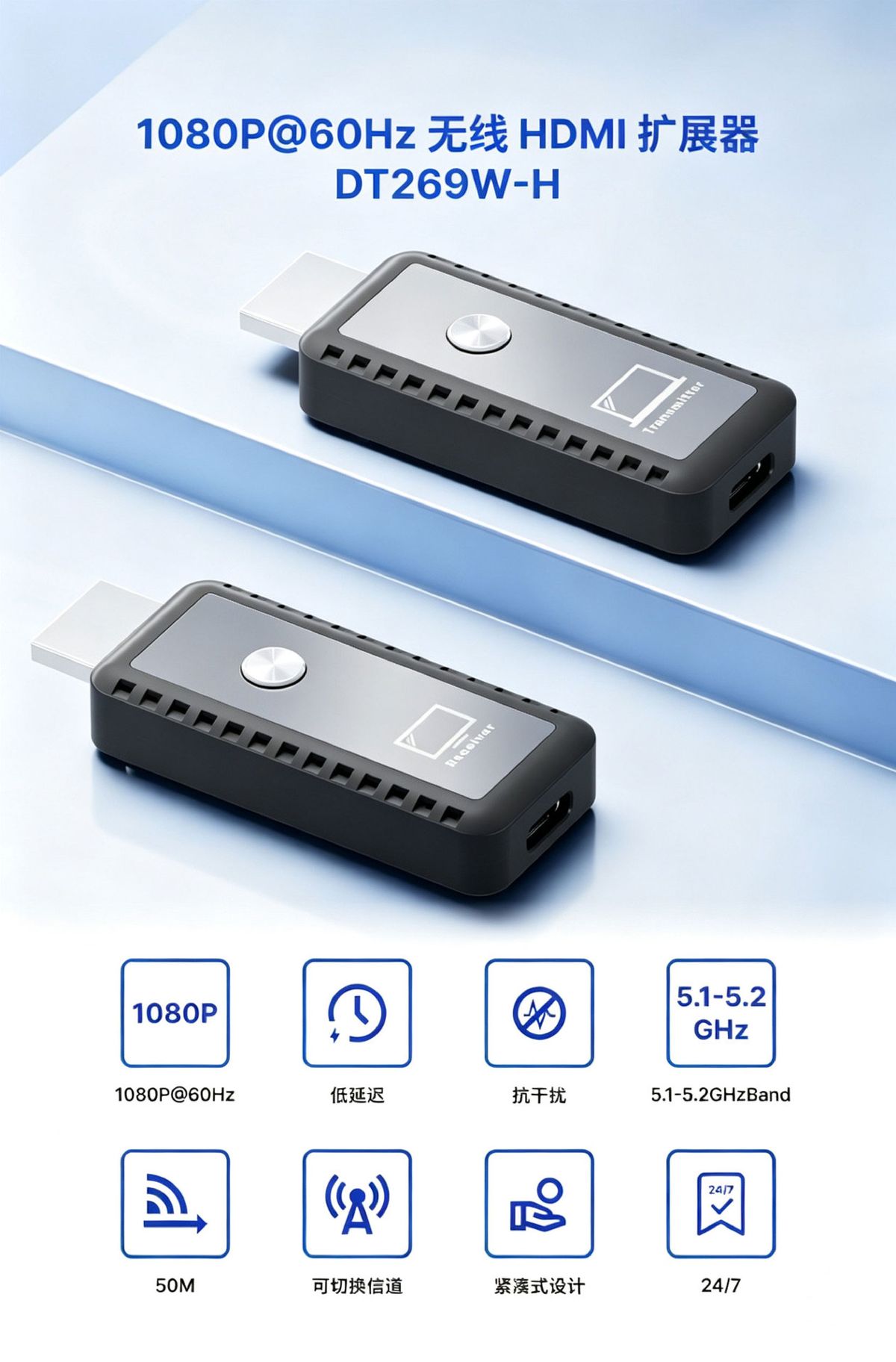 HDMI wireless extender, 50m, high-definition video transmission