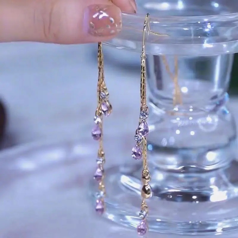 Blue Water Drop Tassel Earrings Korean Style Luxury