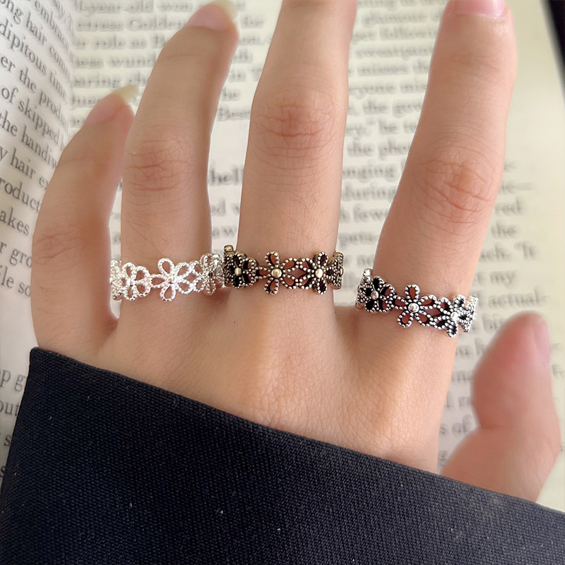 Lanzhi snowflake pattern 925 silver retro ring