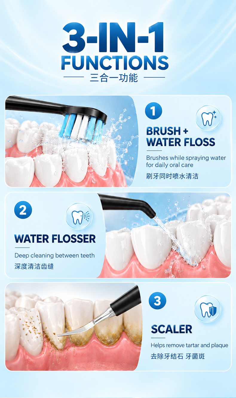 3-in-1 electric toothbrush with sonic wave and water flosser