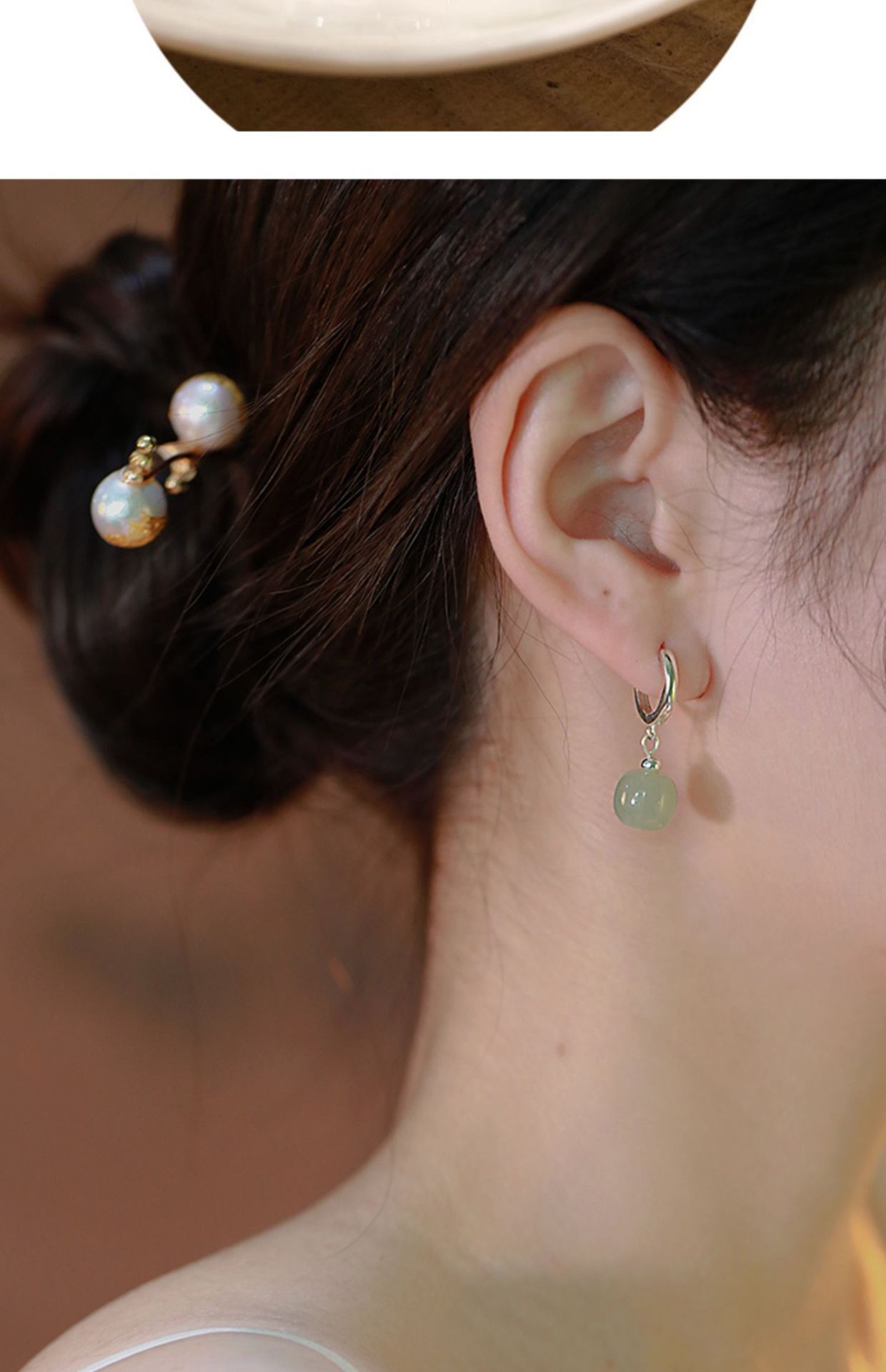 925 silver Hetian jade earring studs, needle type, women's ear jewelry