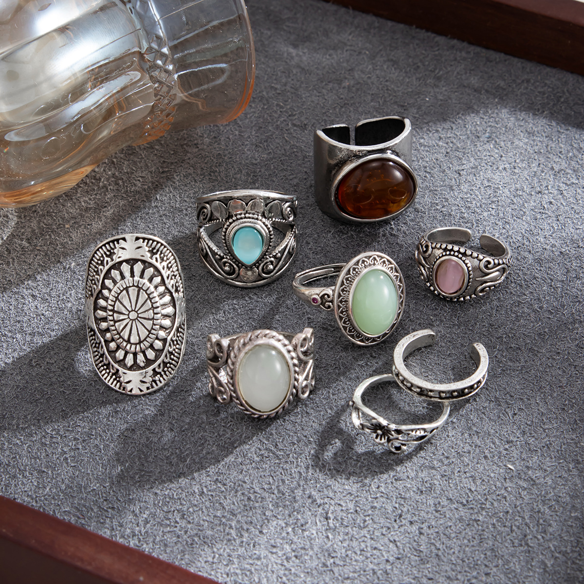 Antique silver carved wide band ring, cat's eye stone, stackable