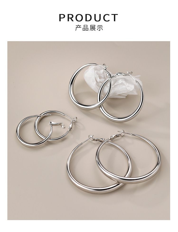 S999纯银大圆圈耳环女款小众轻奢高级感个性素圈耳扣耳饰抖音代发