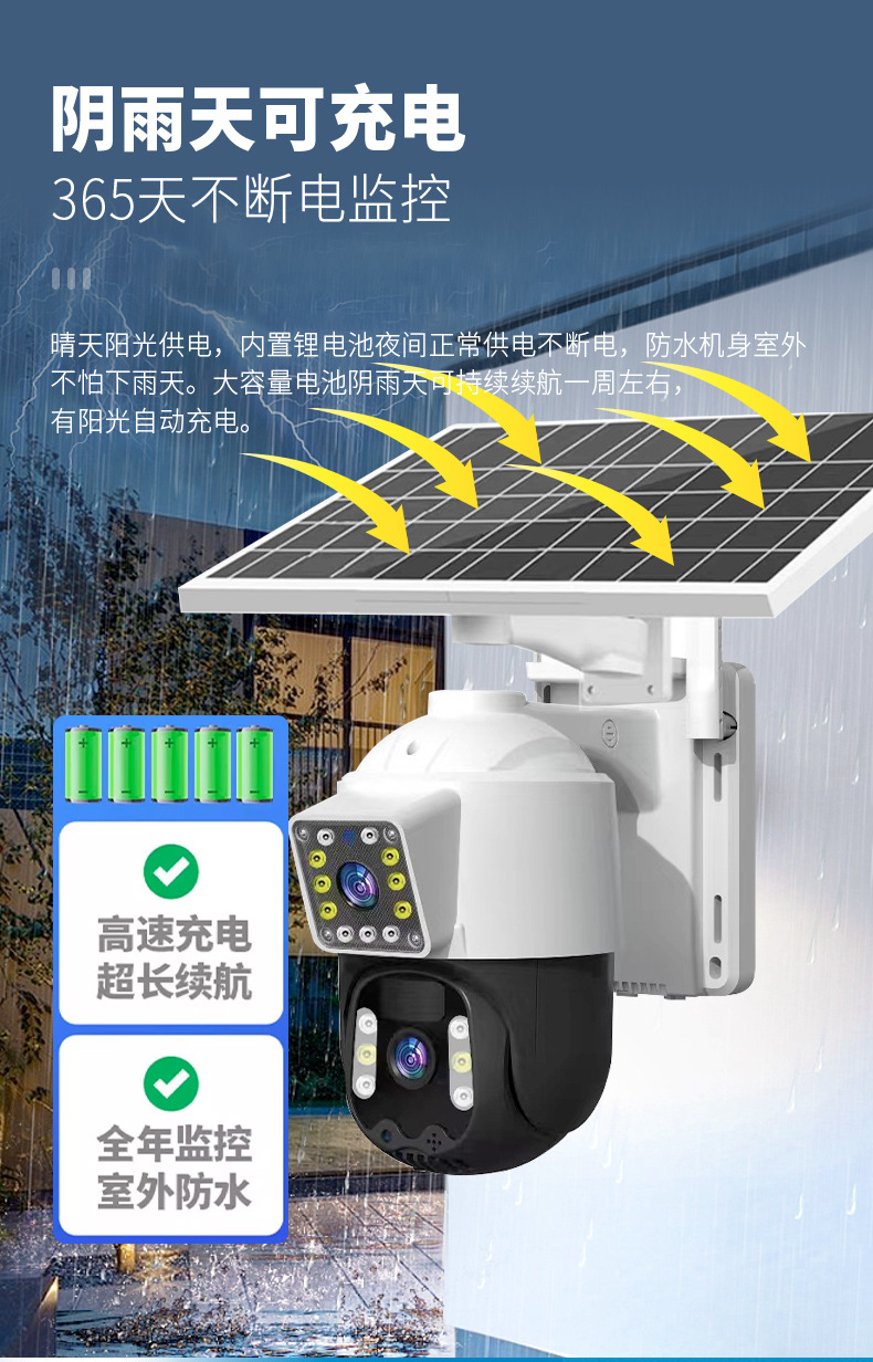 Solar-powered dual-lens WiFi surveillance camera with HD night vision