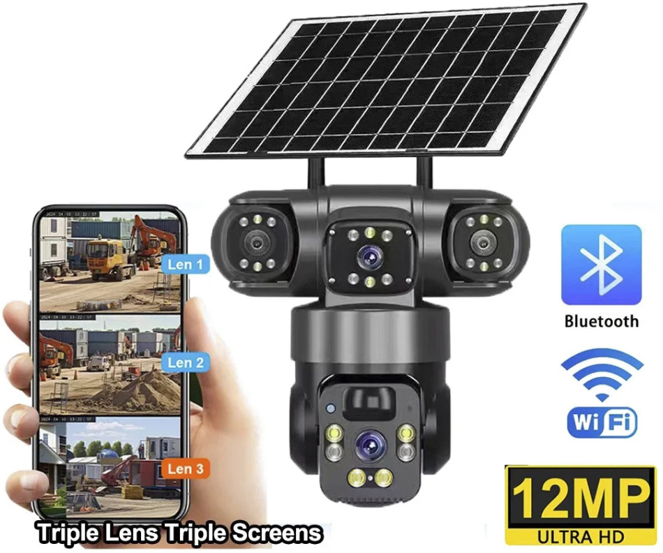 Güneş enerjili gözetleme kamerası V360Pro, üç lens, 4G, gece görüşü