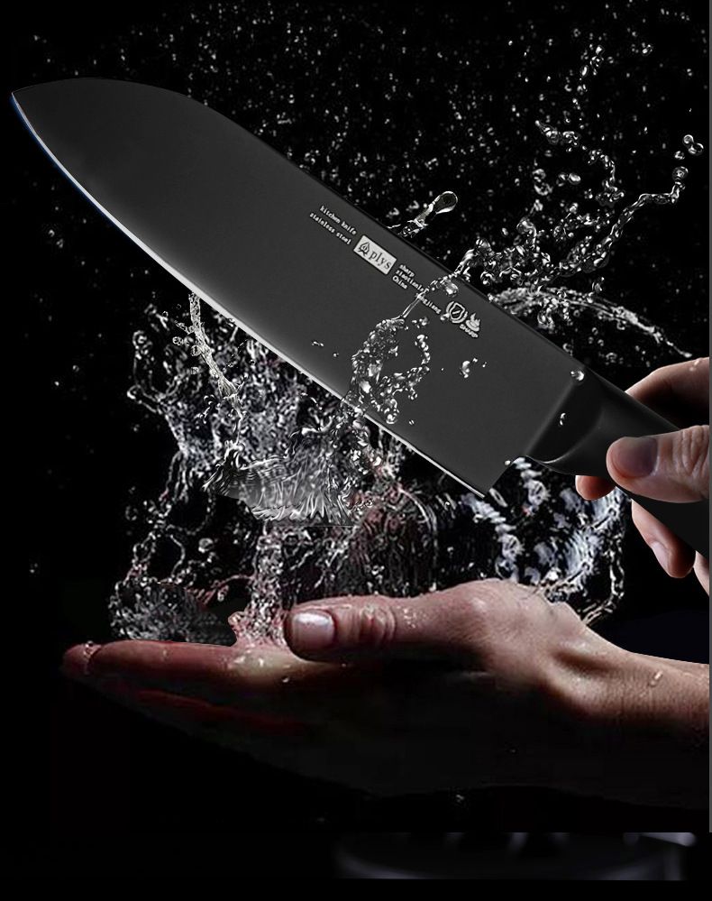Black steel kitchen knife set, 3-piece knife and cutting board