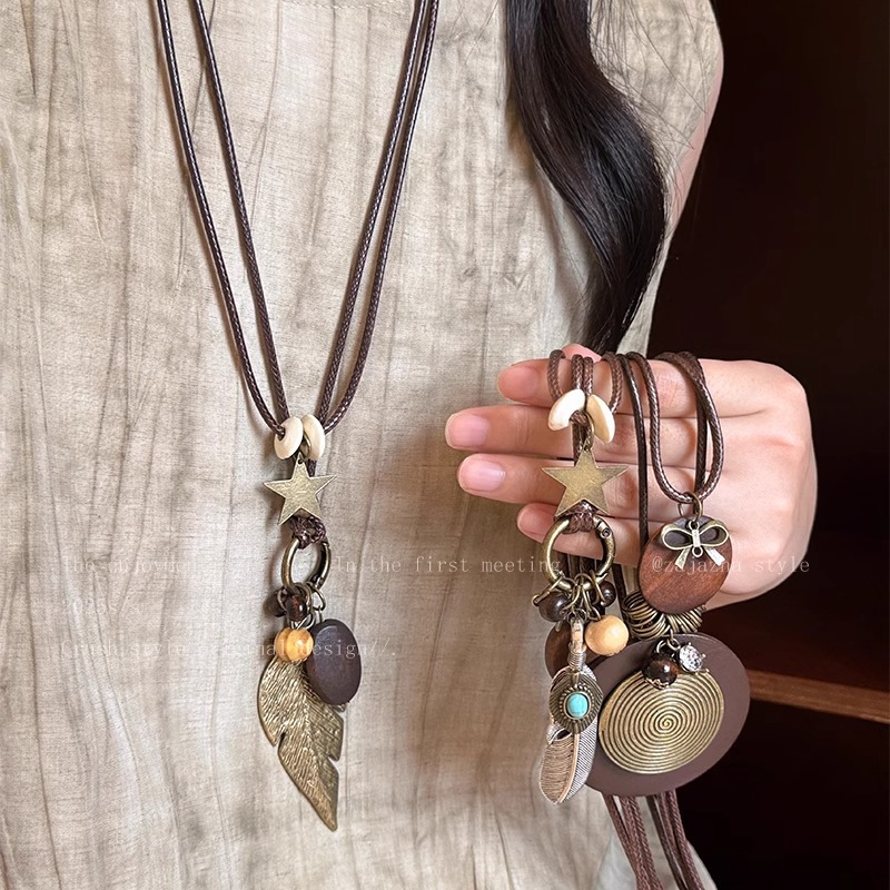 Zen feather necklace, retro bohemian, long collarbone chain