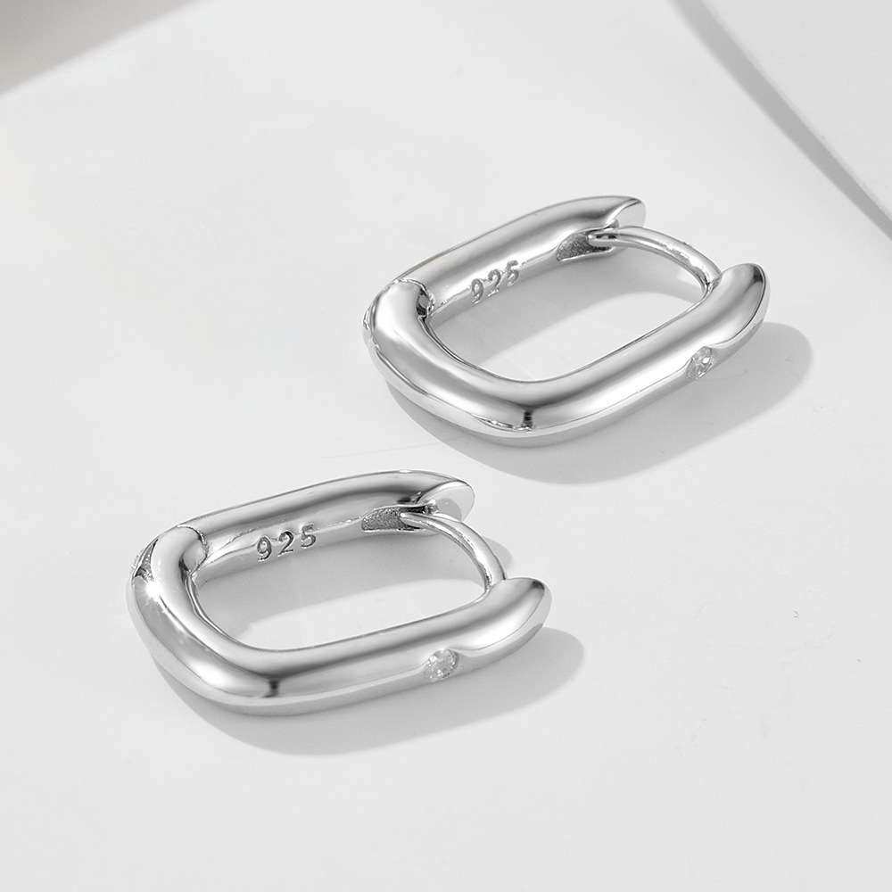 Silberne Ohrringe, ovale U-Form, mit Diamanten, minimalistisch