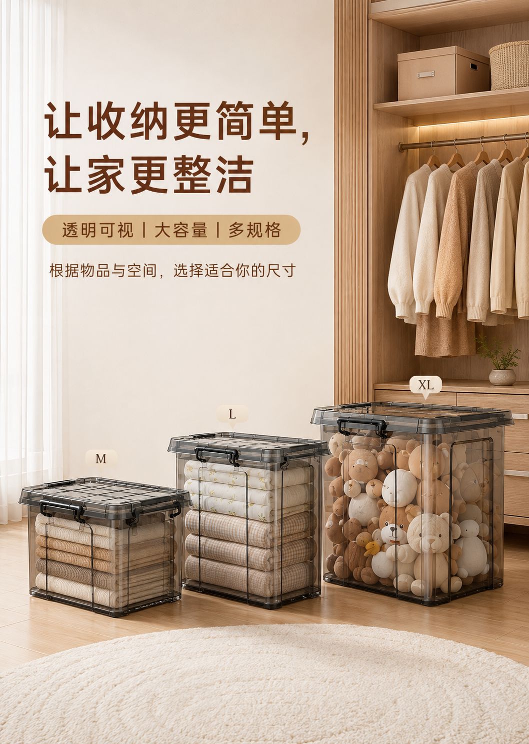 Clothing storage box with lid, clear, large capacity