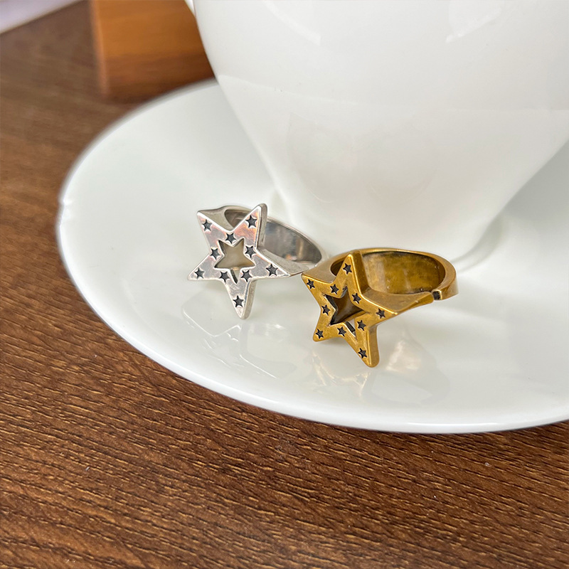 Five-pointed star 925 silver ring, hip-hop design