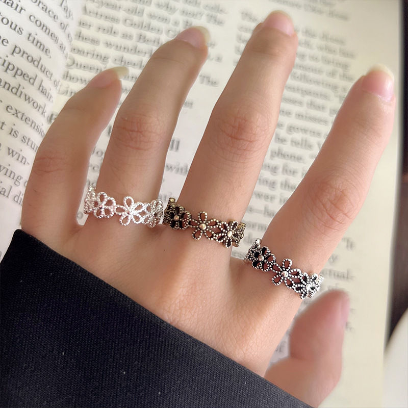 Lanzhi snowflake pattern 925 silver retro ring