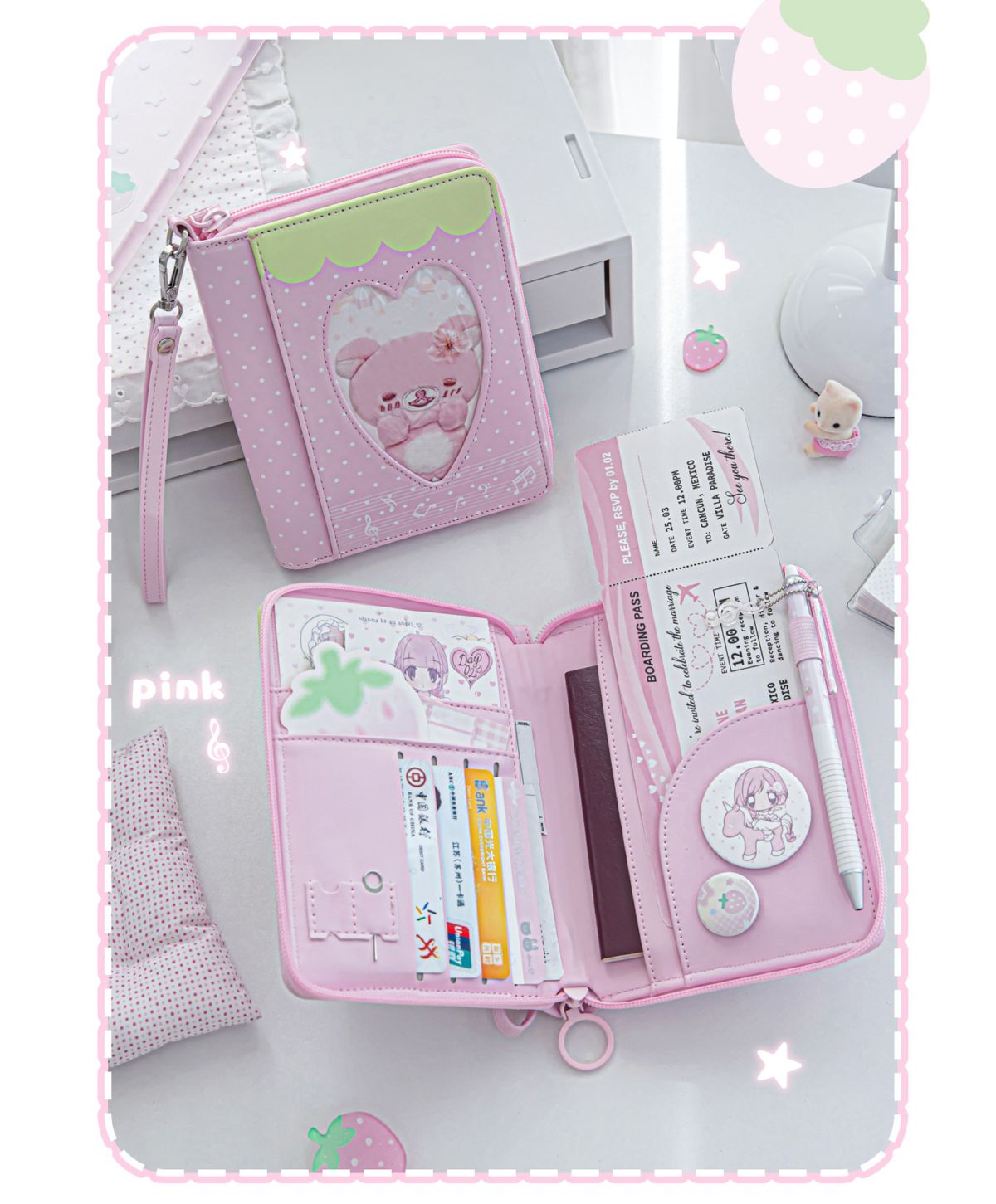 RosyPosy strawberry pattern passport holder card and money storage