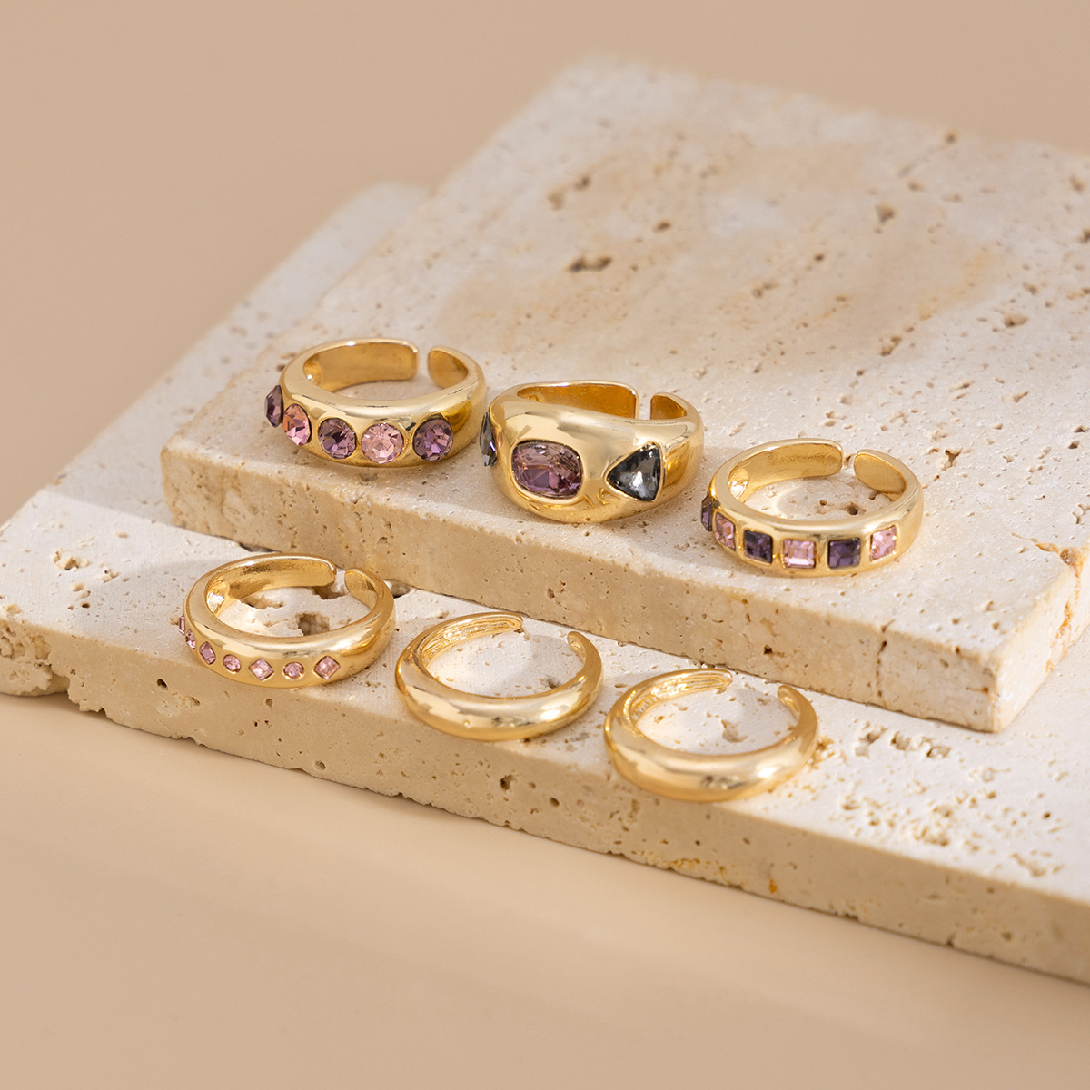 欧美跨境时尚ins风彩色宝石镶嵌戒指套装 金属质感光面指环Rings