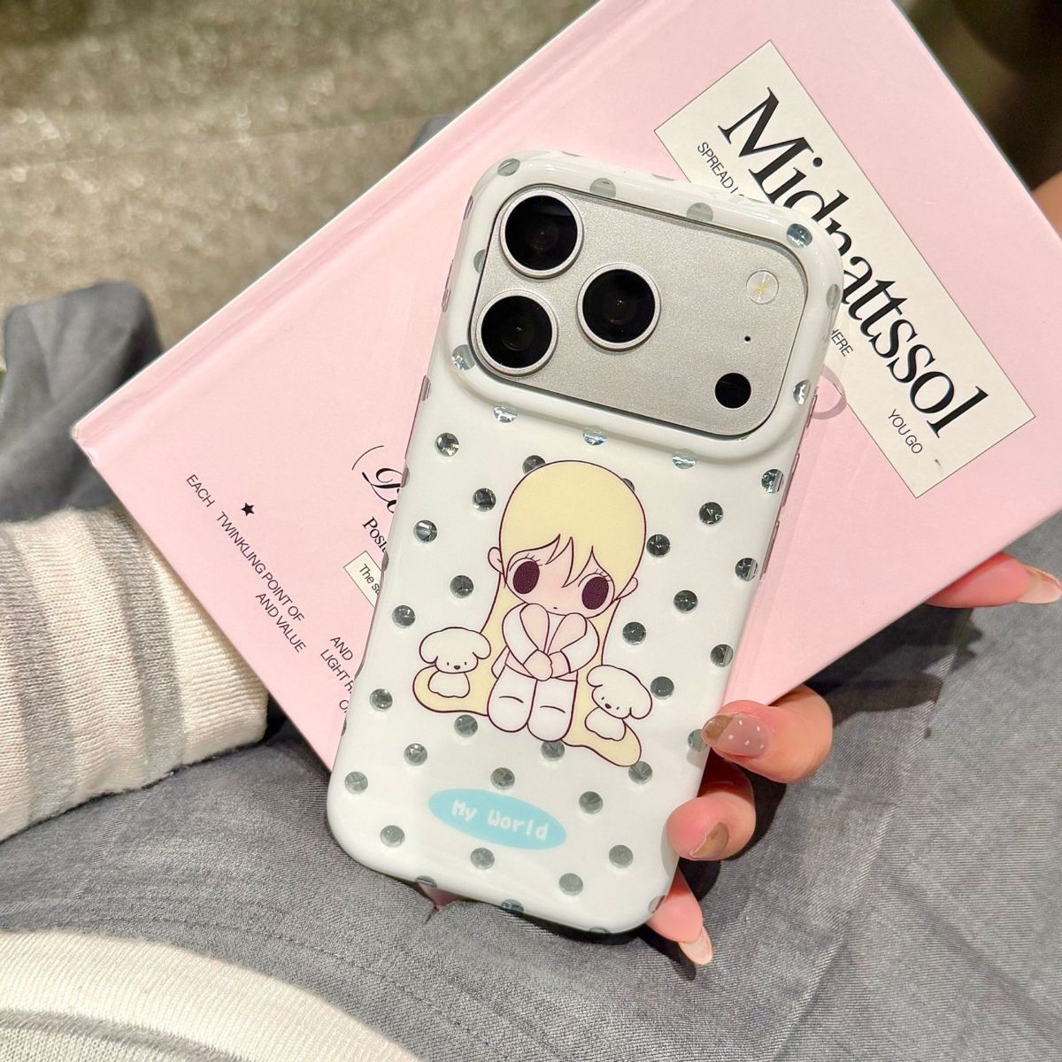 Japanese-style blue polka dot autumn cute double layer case, compatible iPhone 16-18 Pro M