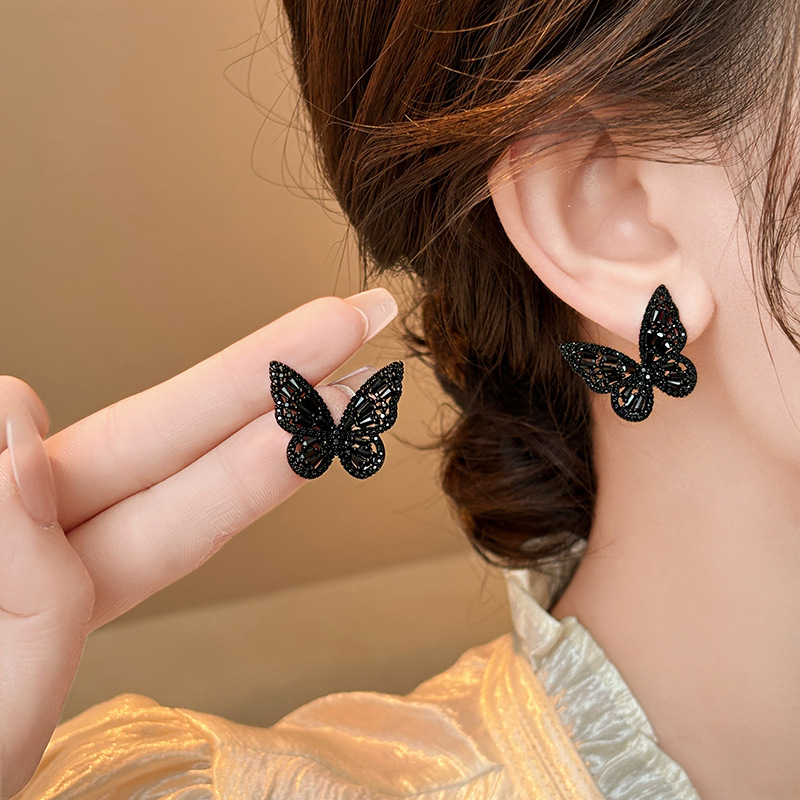 Silver heart butterfly earrings, black zircon, vintage