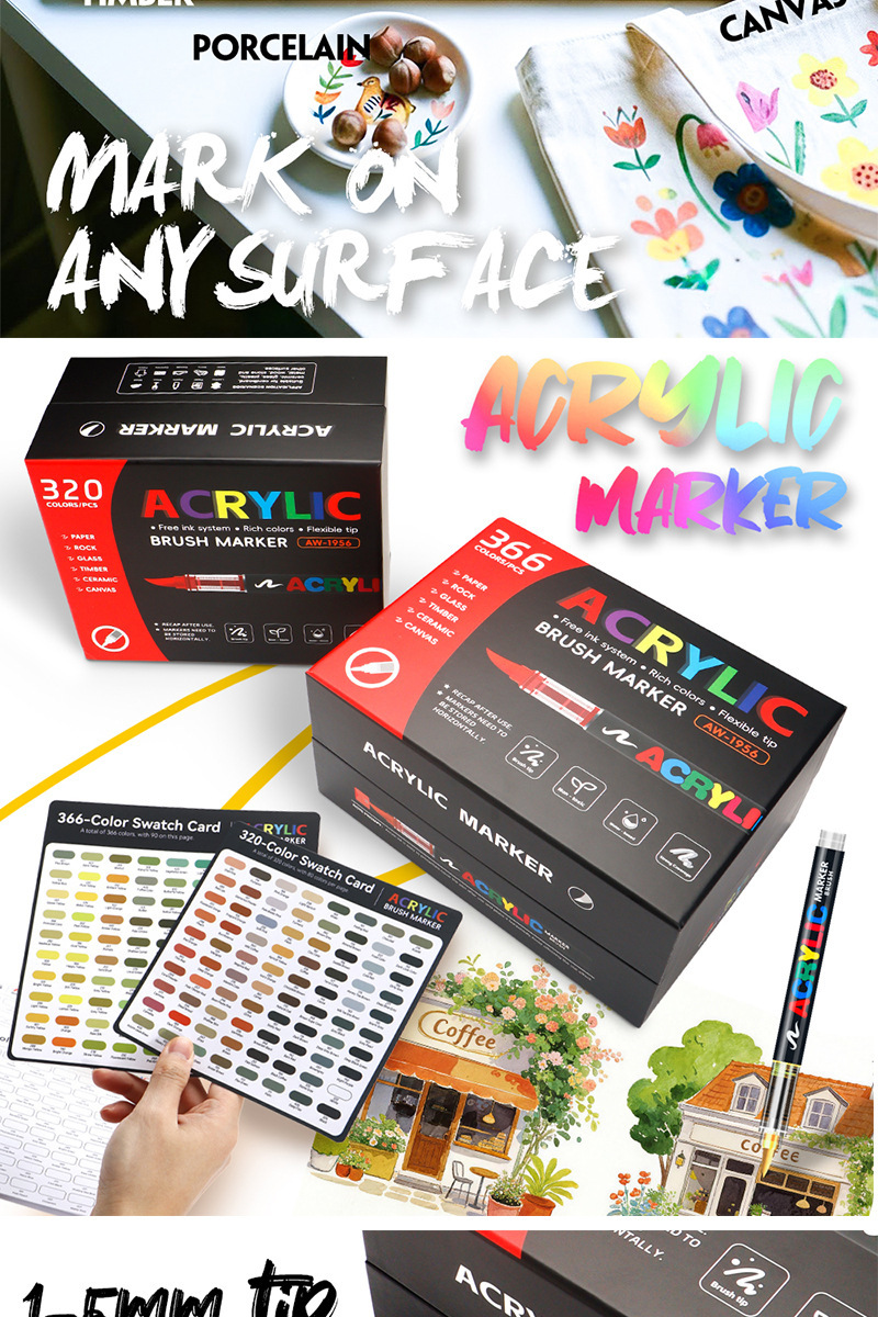 366-teiliges Acryl-Marker-Set mit weicher Spitze, stapelbar