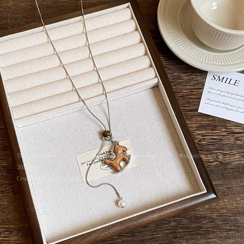 Vintage wooden horse pendant necklace, long sweater chain
