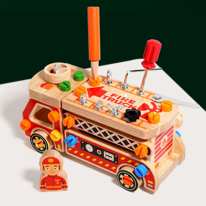 Wooden fire truck with screw and nut assembly toy