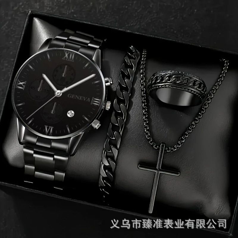 Men's watch set, black gold steel band with cross pendant