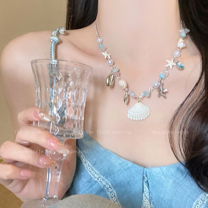 Pearl and shell bead necklace, beach vacation style