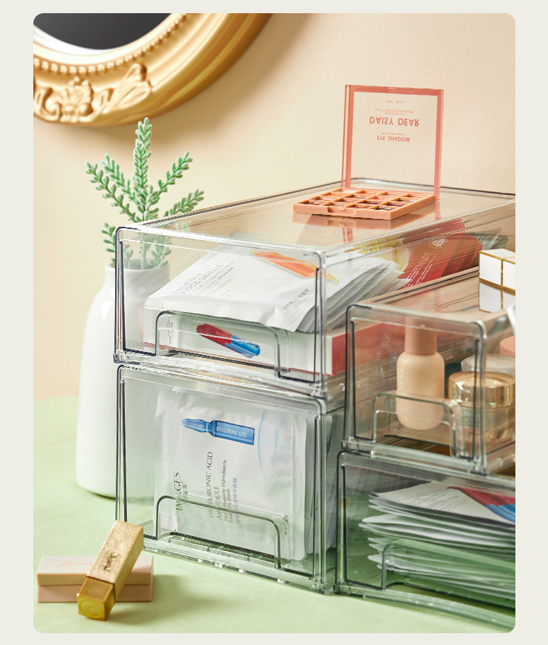 Clear PET cosmetics storage box with drawers