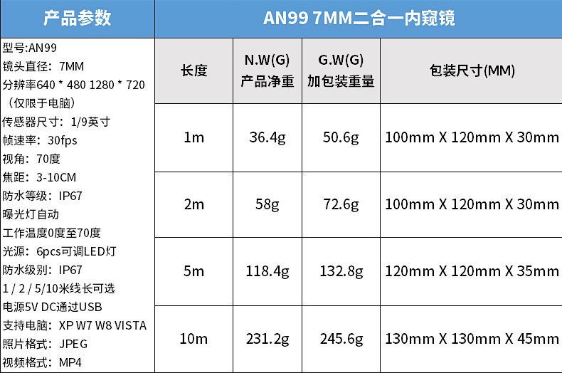 2-in-1 USB endoskop 7mm lens, boru kamerası HD