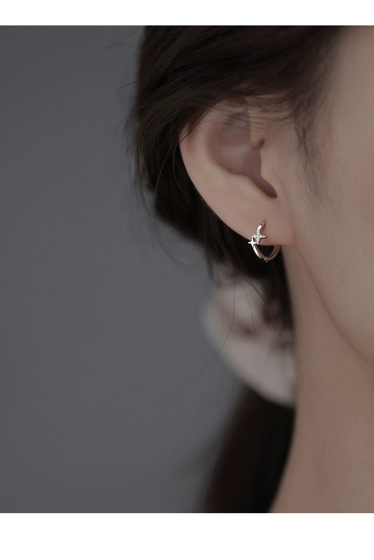 S999 Sterling Silver Star Earrings, Zircon, Elegant