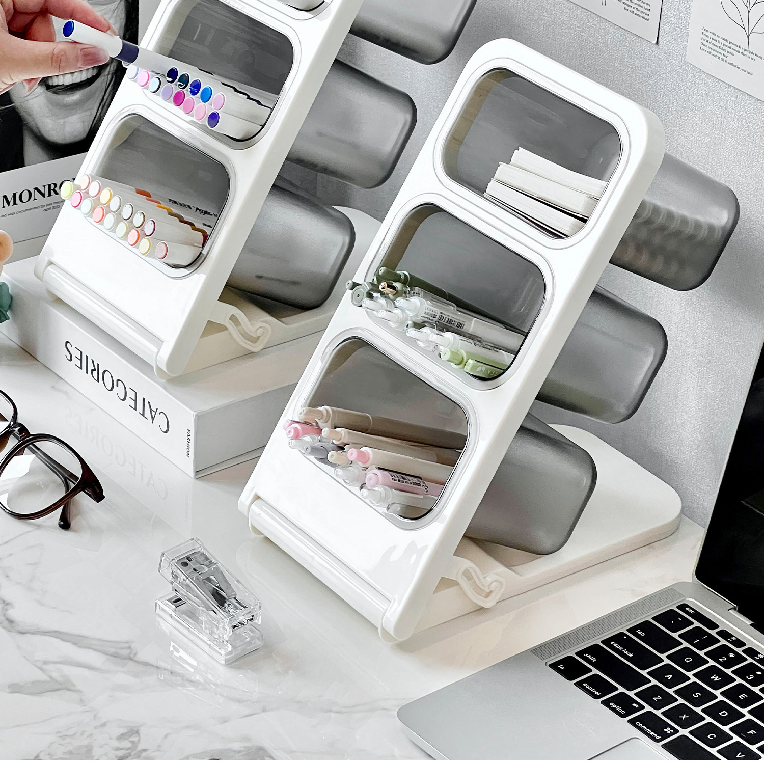 Angled pencil holder, large capacity desk storage organizer