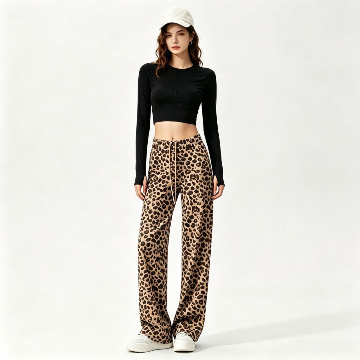 Damen-Yogahose mit Leopardenmuster und weitem Bein, hohe Taille