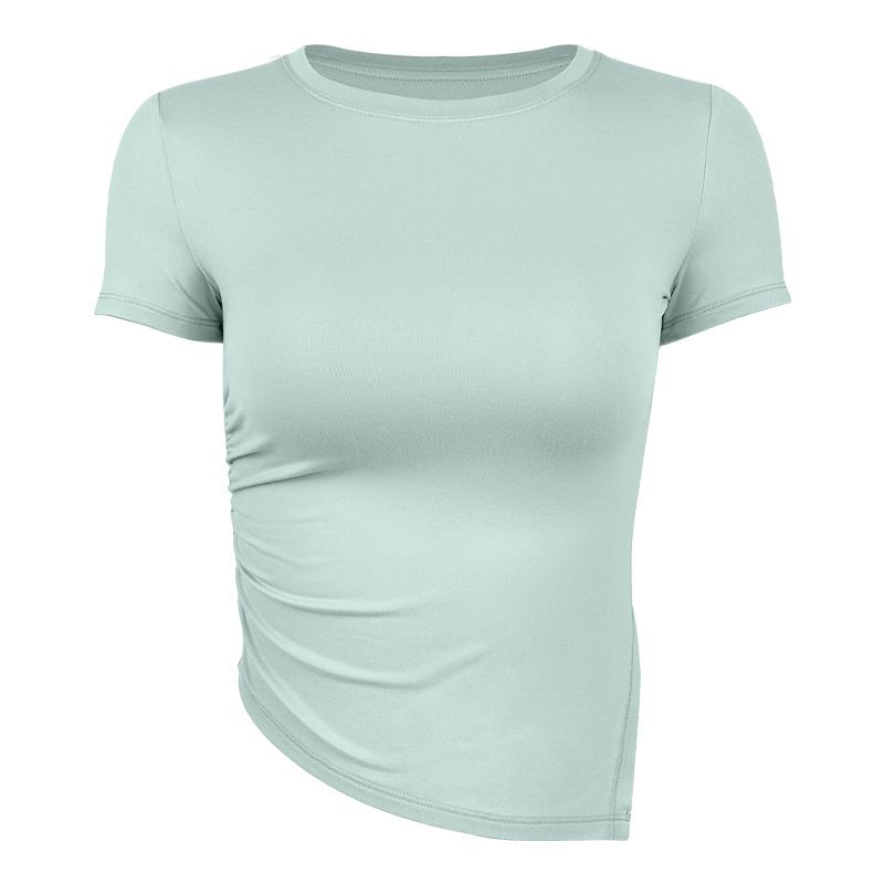 秋冬新款瑜伽服女柔软亲肤修身上衣健身服抽褶开叉显瘦短袖T恤