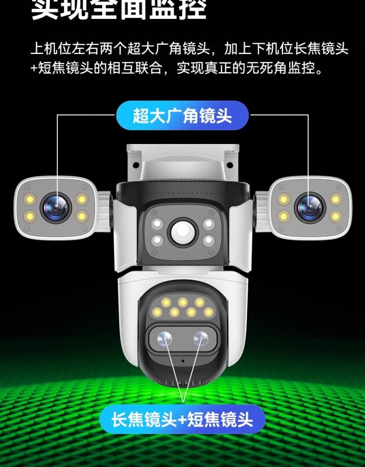 360-degree triple camera, HD surveillance, quad-lens