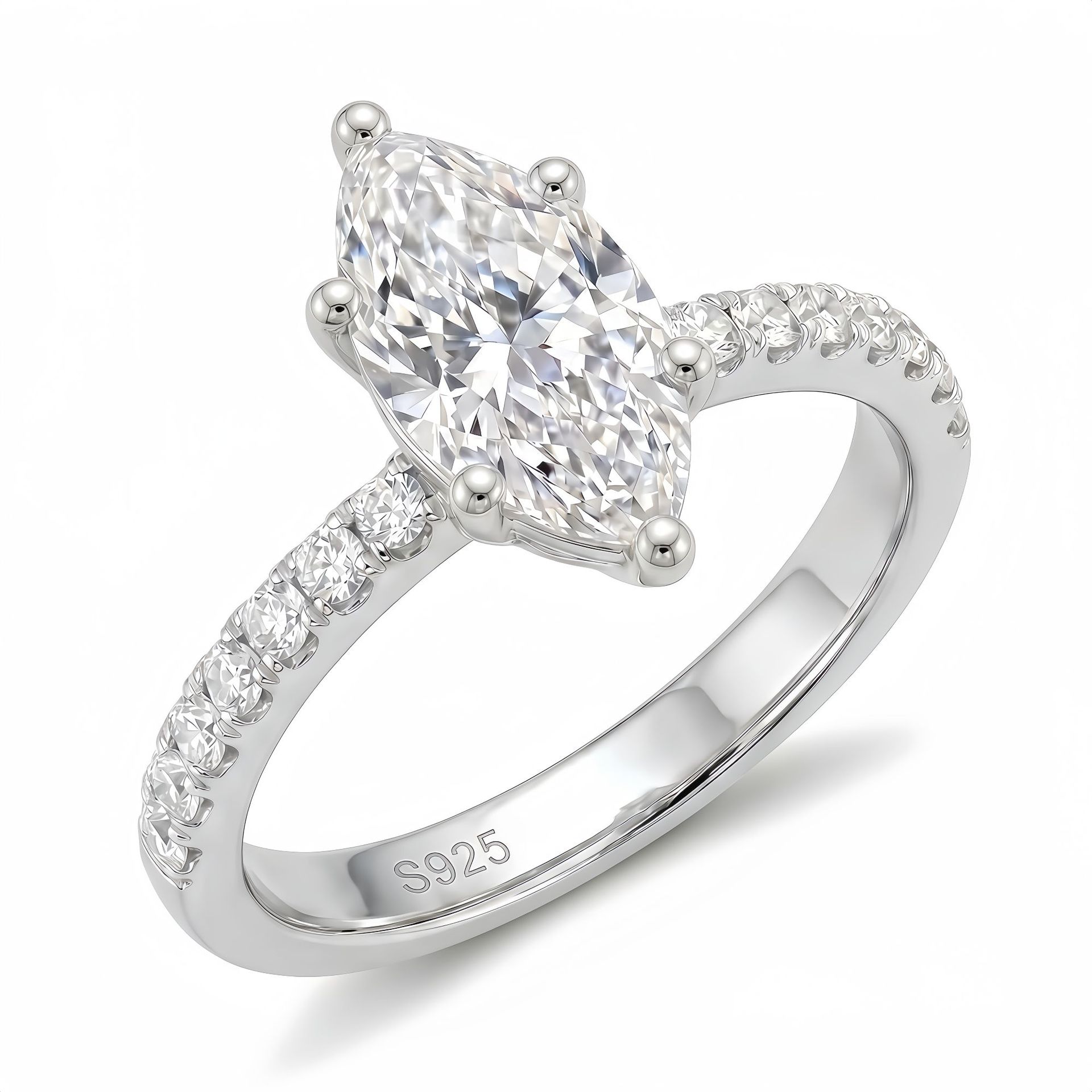 S925 Silver Moissanite Ring, Marquise Cut