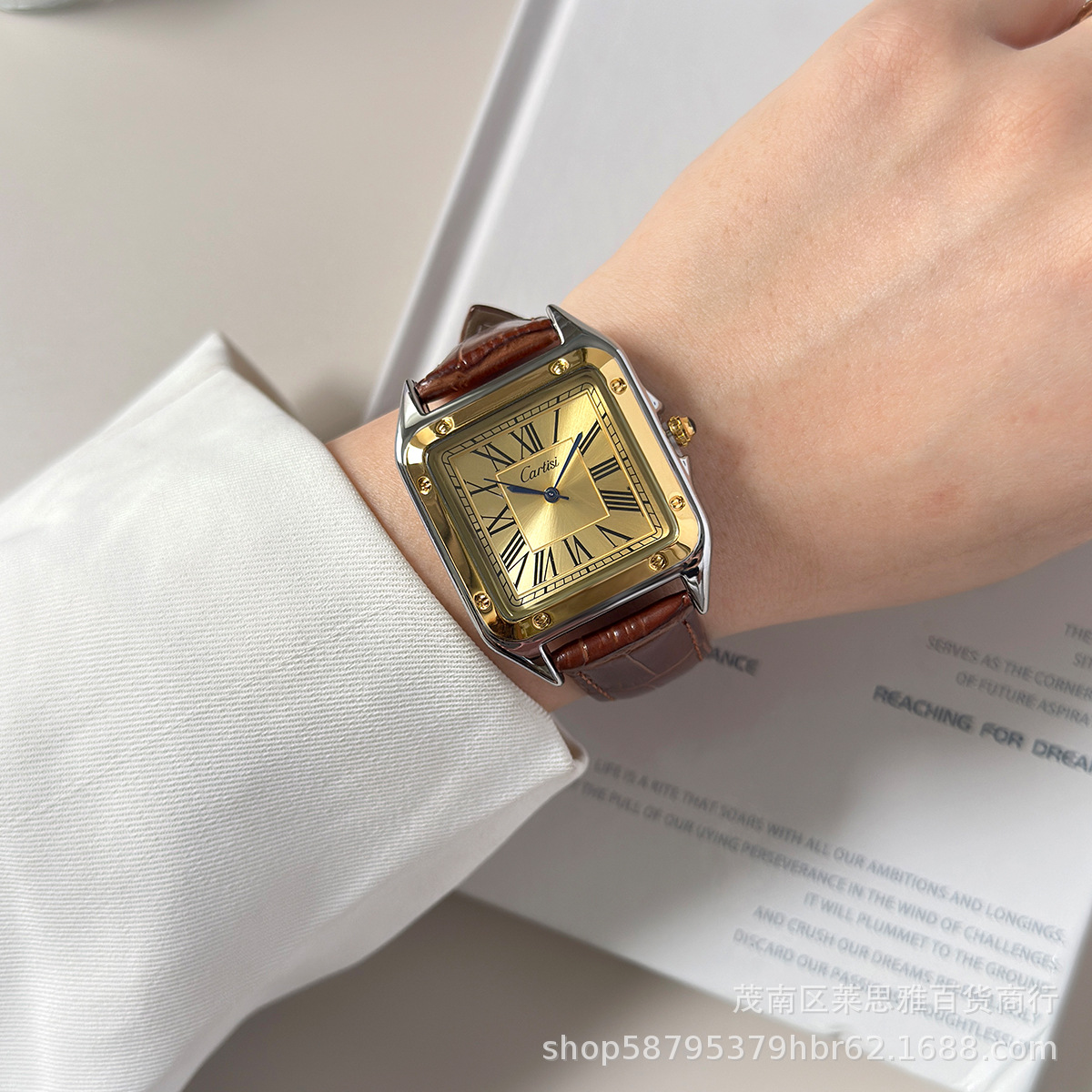 Cartisi men's wristwatch, square, roman numerals, leather strap