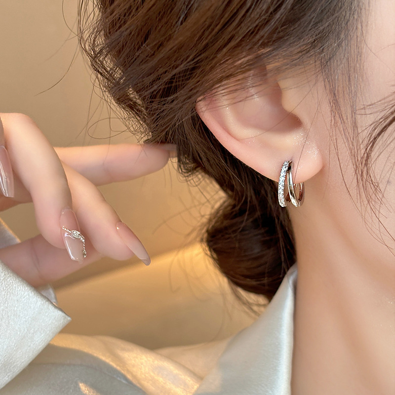 Silver rhinestone double-layer ear clips with hoop design