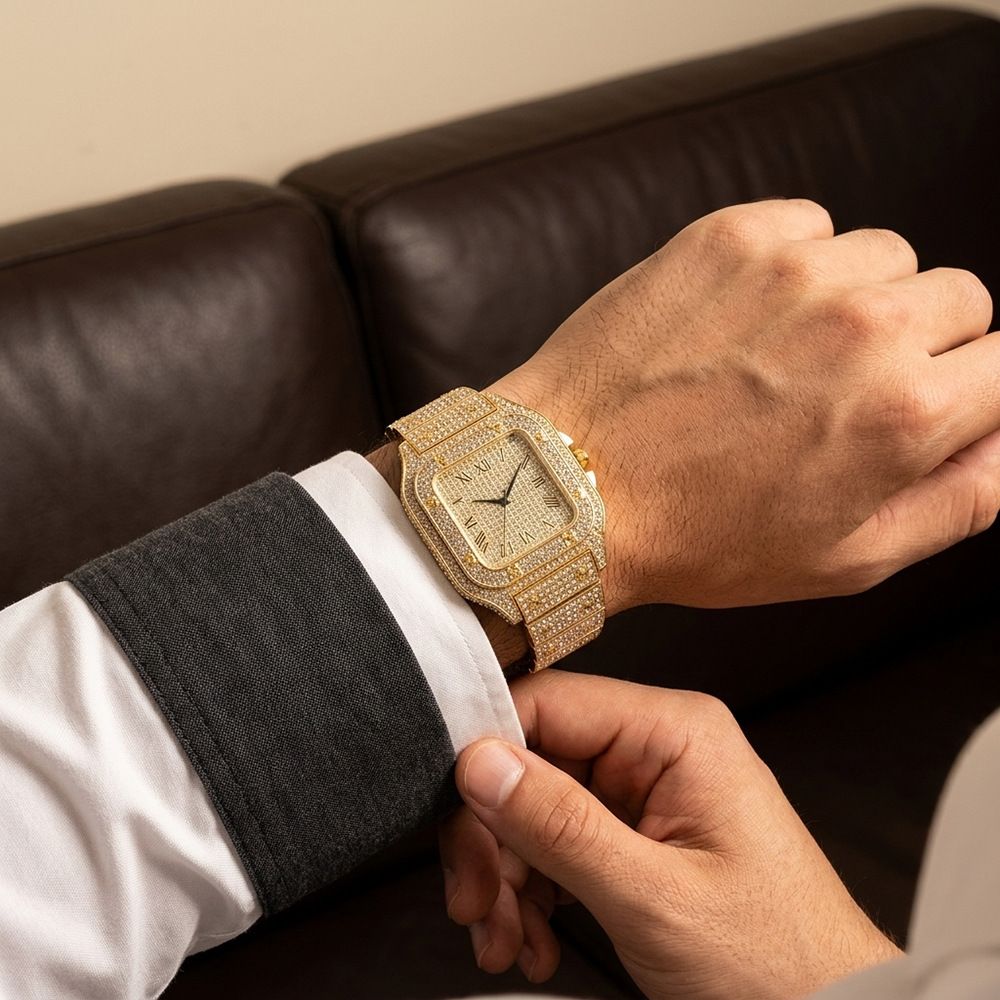 Men's watch, square diamond-studded, steel band, quartz