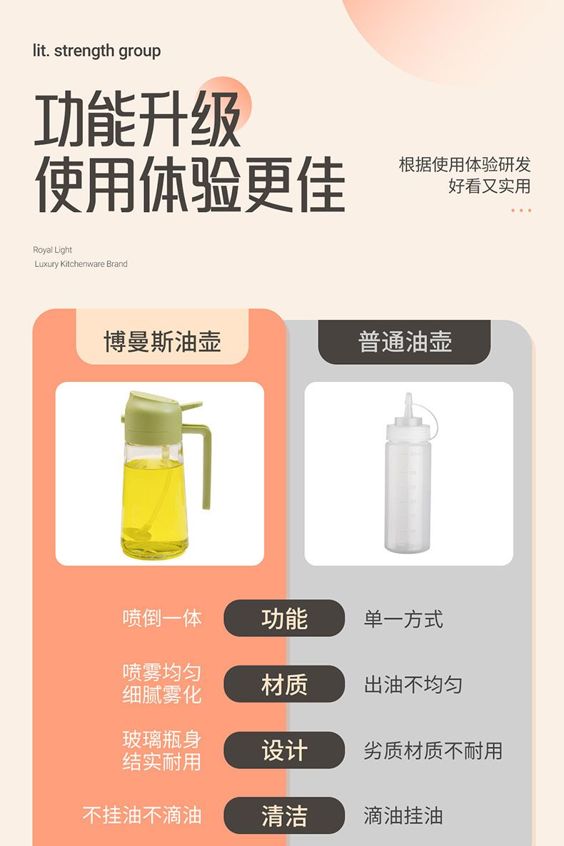 Glass oil spray bottle dual-use, controlled dispenser, press pump, kitchen