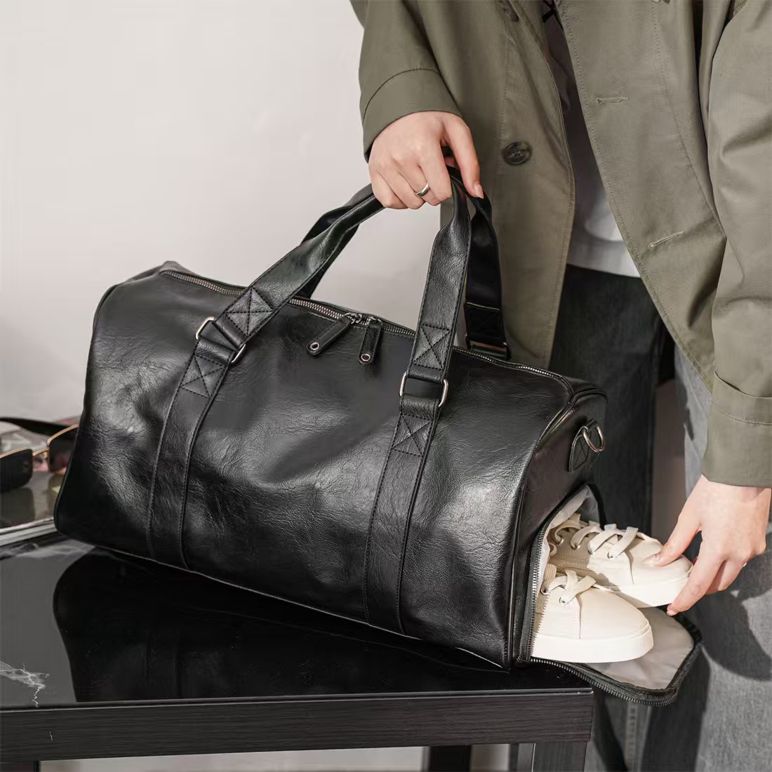 Herrenreisetasche, echtes Leder, Schuhfach, Bordgröße