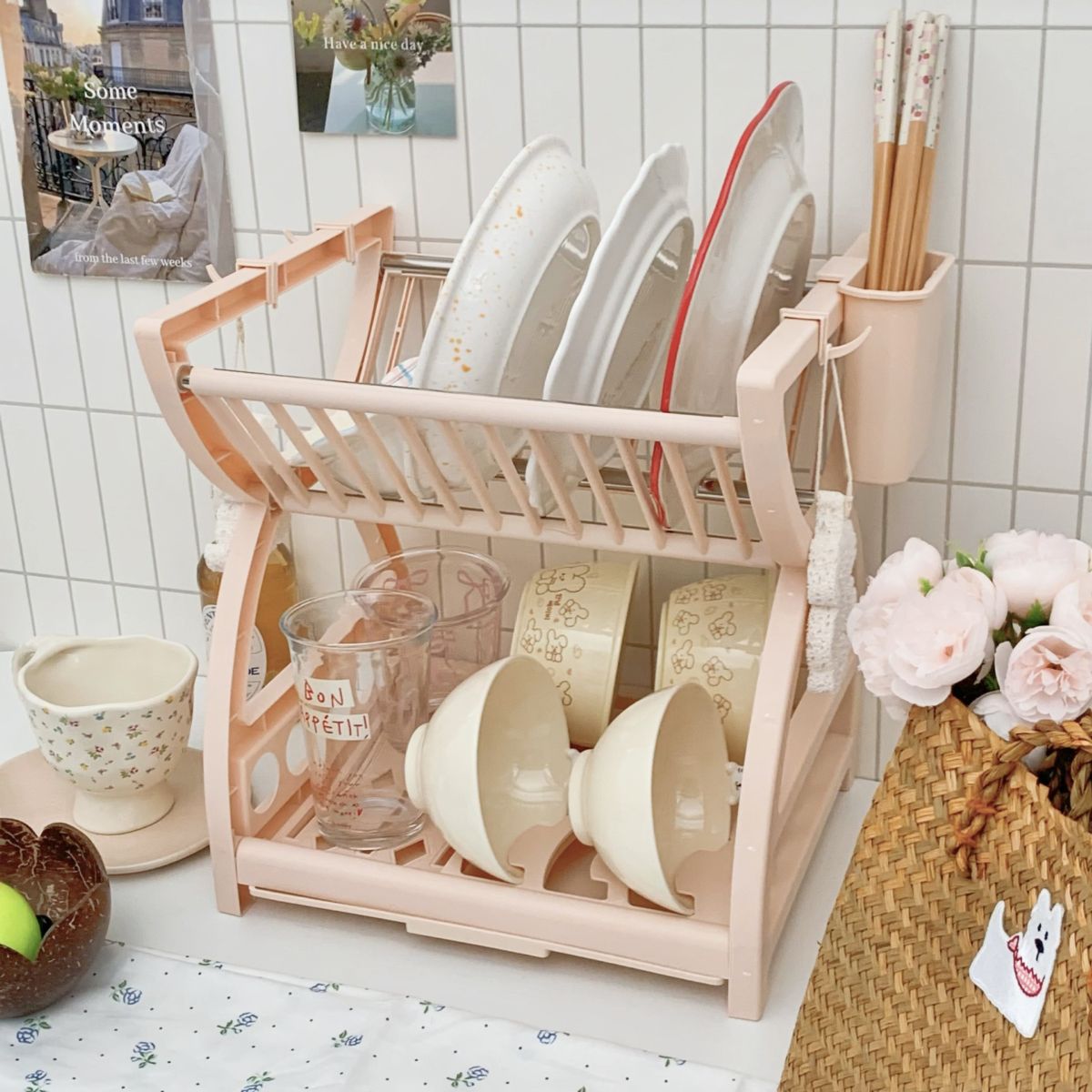Double-layer kitchen storage rack with drain shelf for tableware