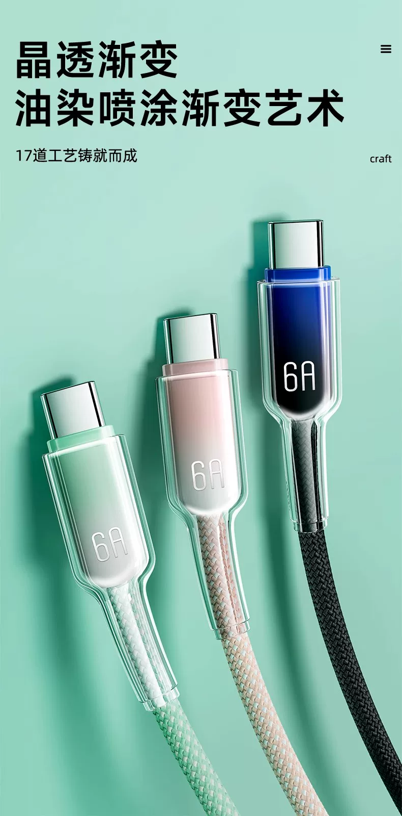 Data cable 3-in-1 Type-C ice crystal gradient, Apple 15 compatible