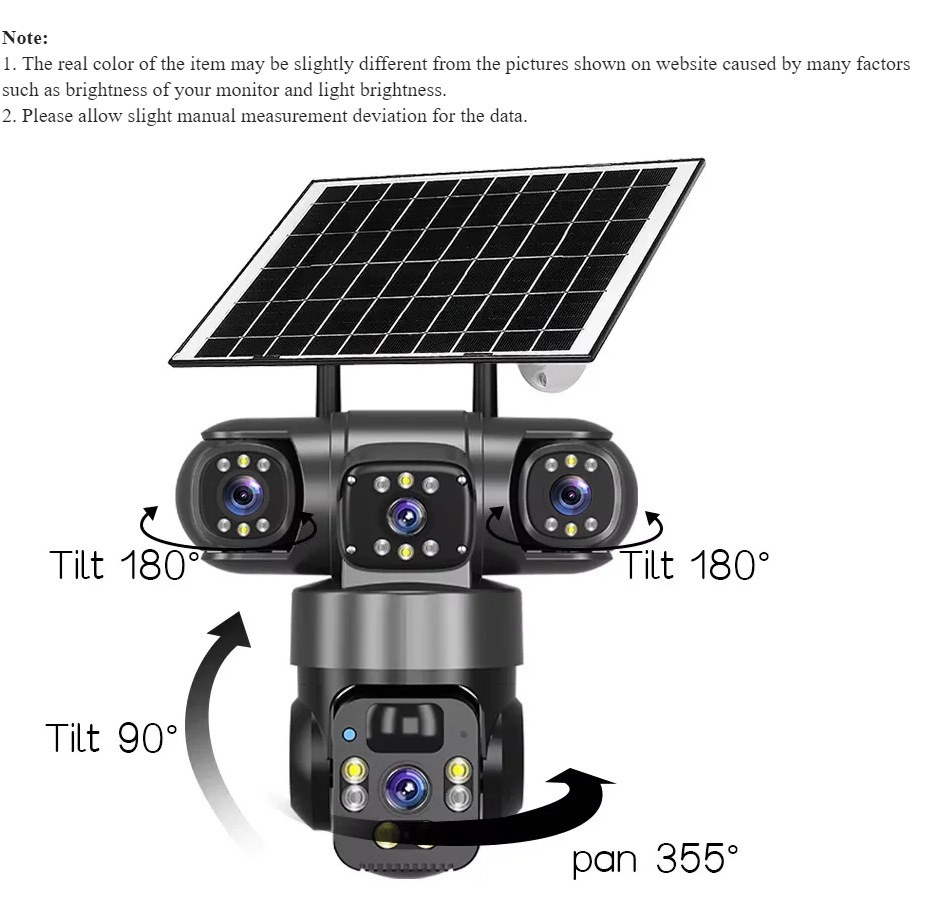 Güneş enerjili gözetleme kamerası V360Pro, üç lens, 4G, gece görüşü