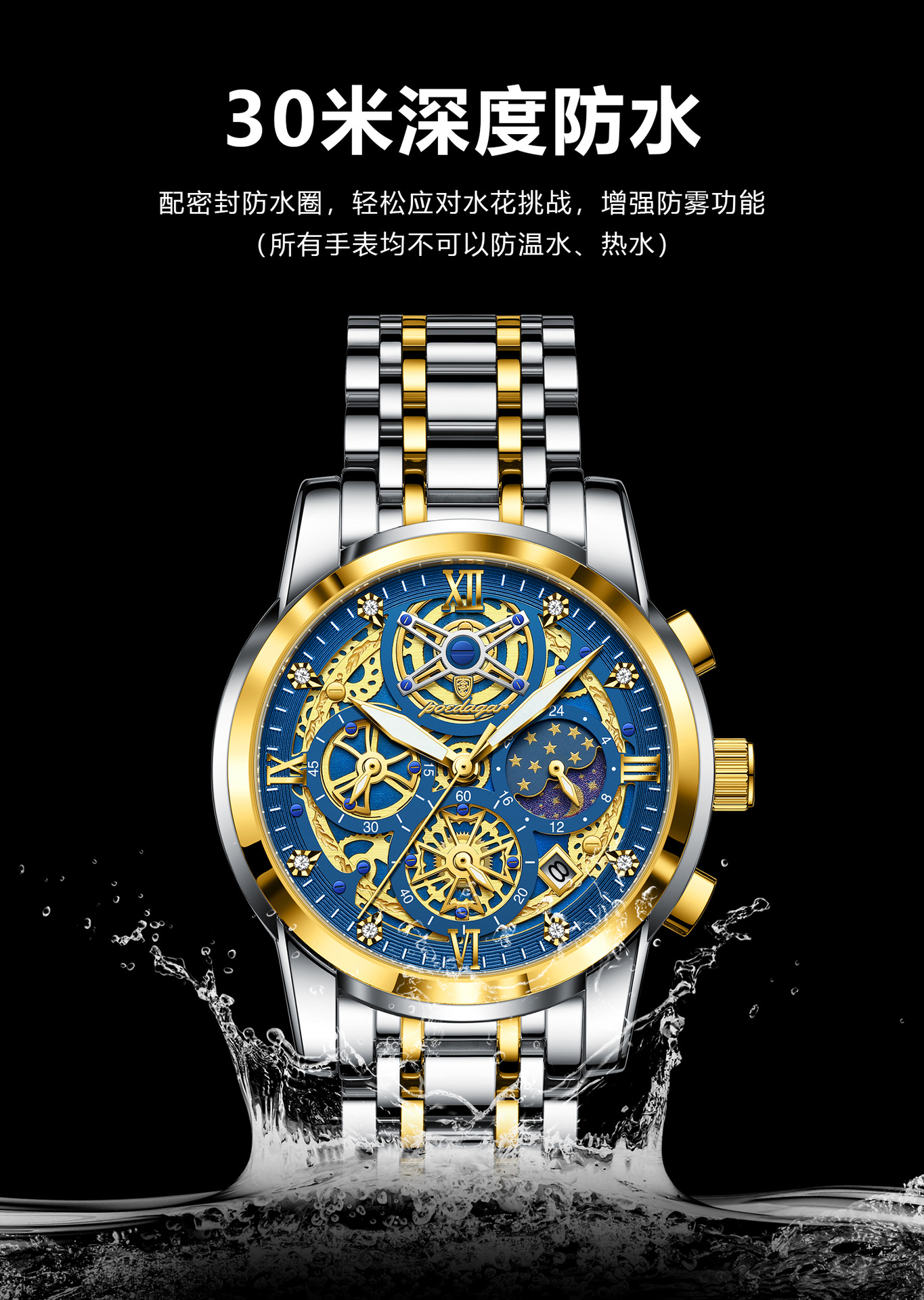 Herrenuhr Luxus, Hohlkammeroptik, wasserdicht, Quarz